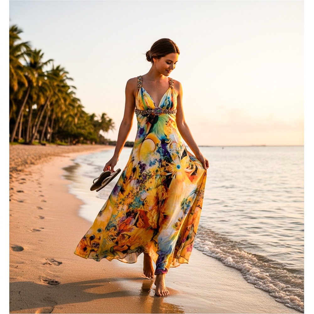 Vibrant multicolor Beaded floral gown V-neck empire waist, size XS